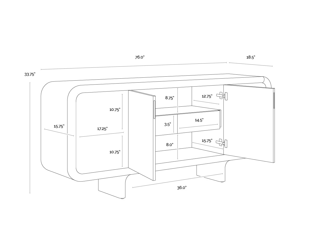 A wireframe image of the product with dimensions shown