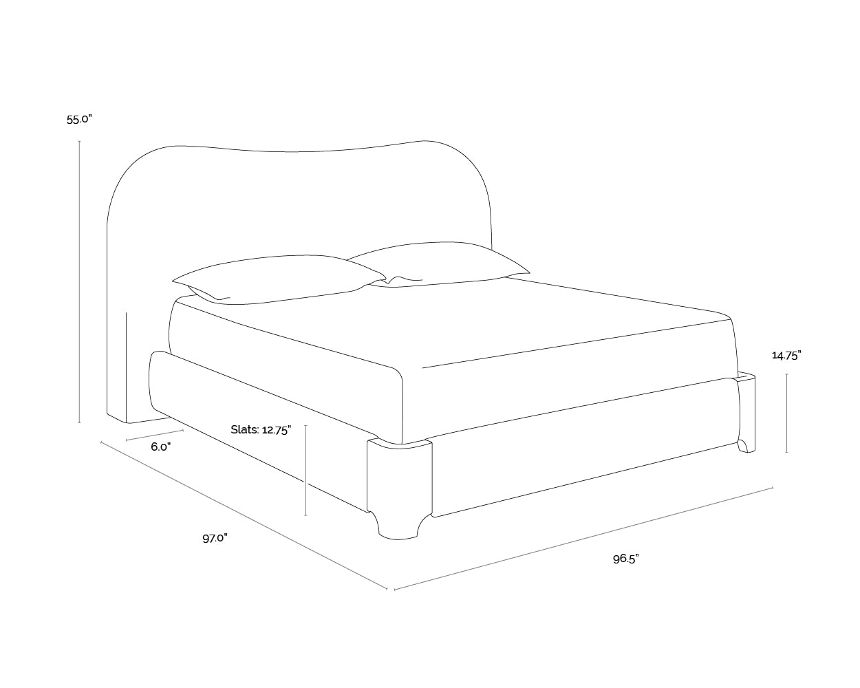 A wireframe image of the product with dimensions shown