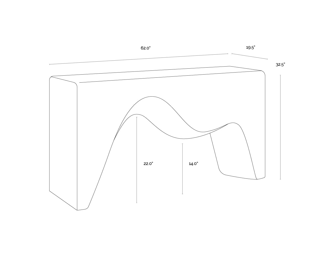A wireframe image of the product with dimensions shown
