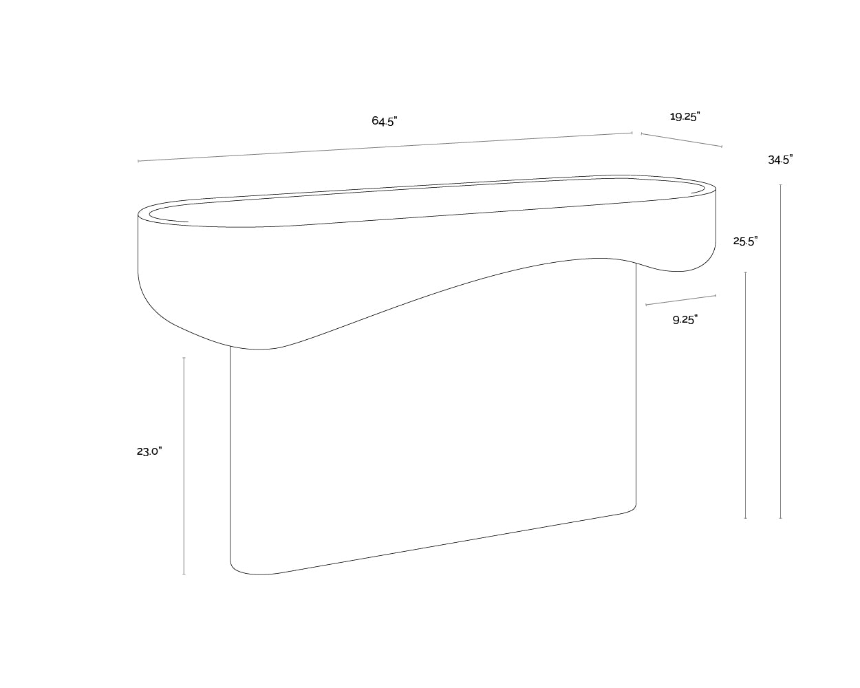 A wireframe image of the product with dimensions shown