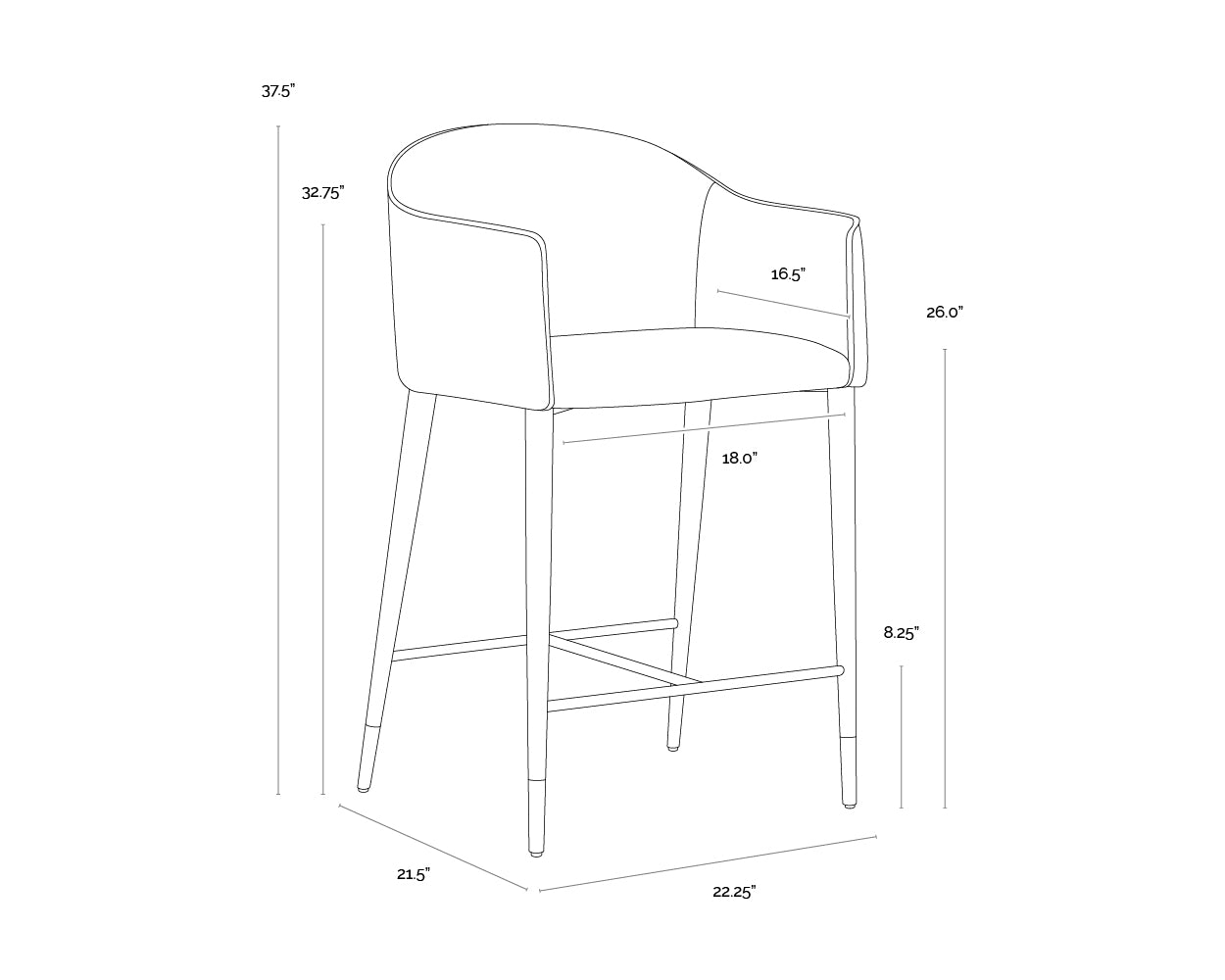 A wireframe image of the product with dimensions shown