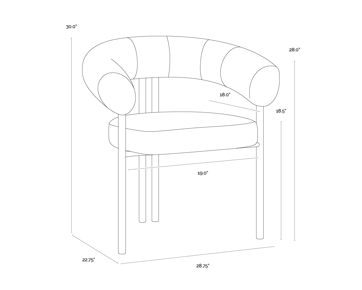A wireframe image of the product with dimensions shown