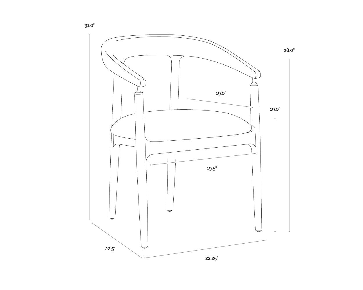 A wireframe image of the product with dimensions shown