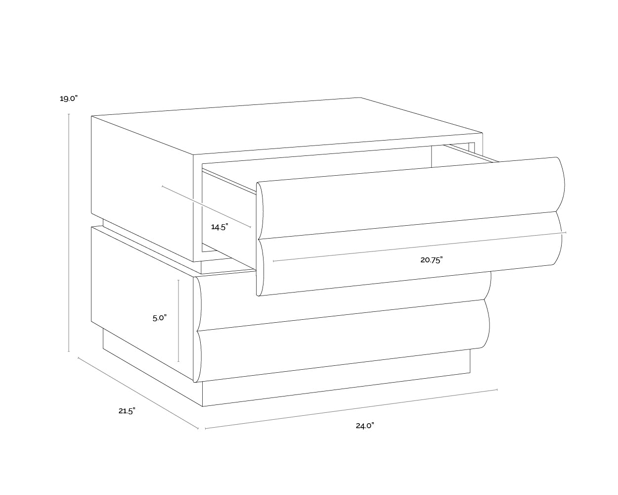 A wireframe image of the product with dimensions shown