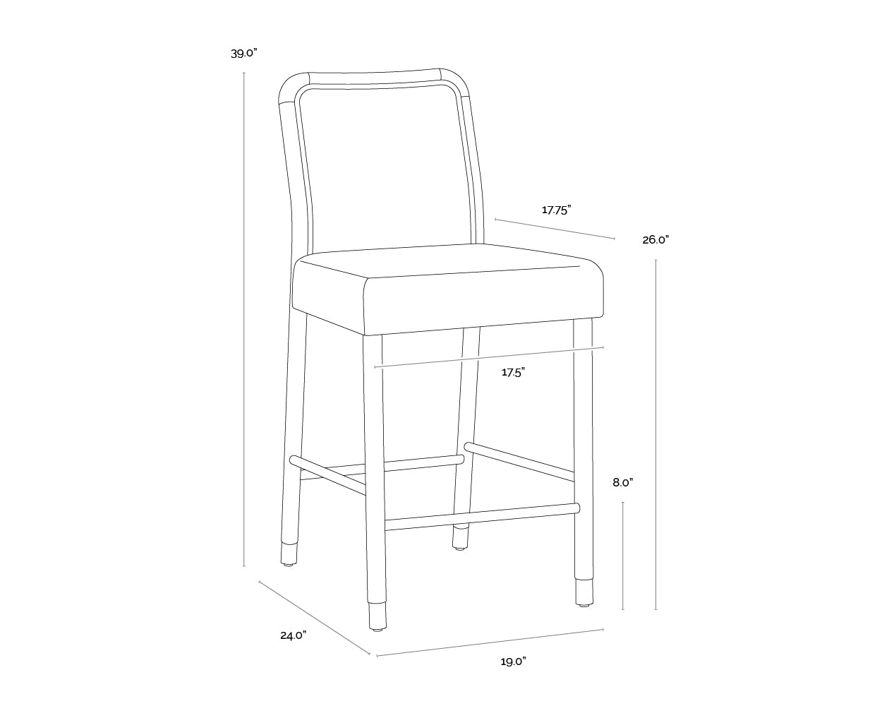 A wireframe image of the product with dimensions shown
