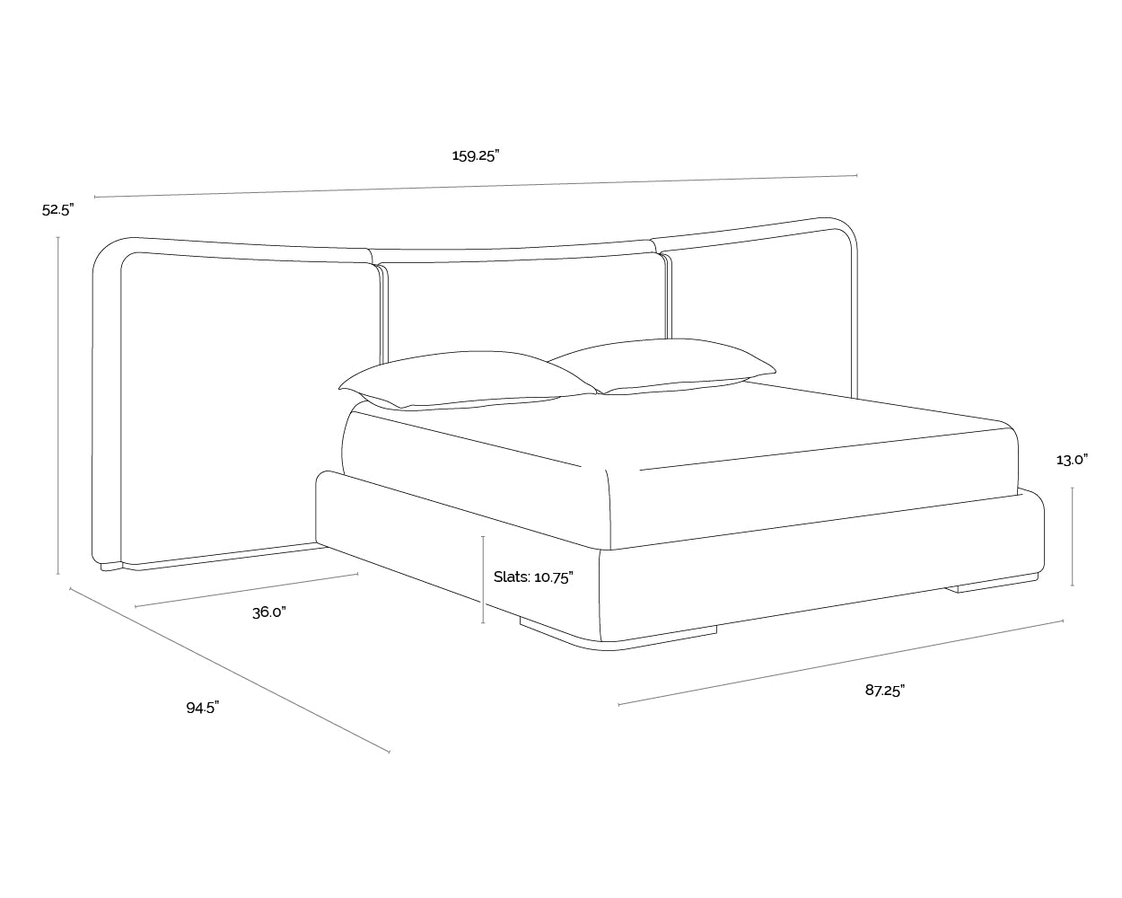 A wireframe image of the product with dimensions shown