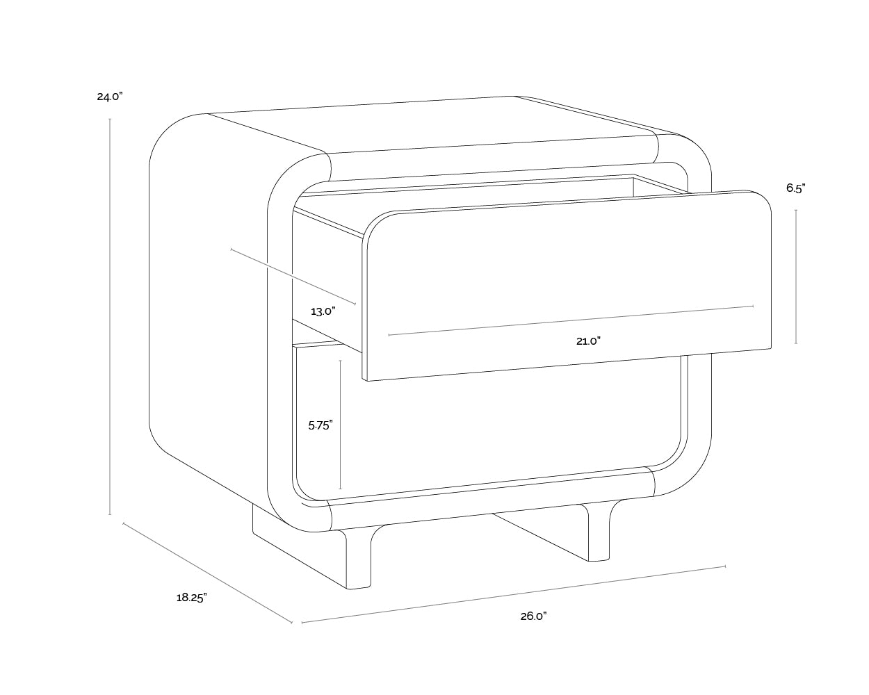 A wireframe image of the product with dimensions shown