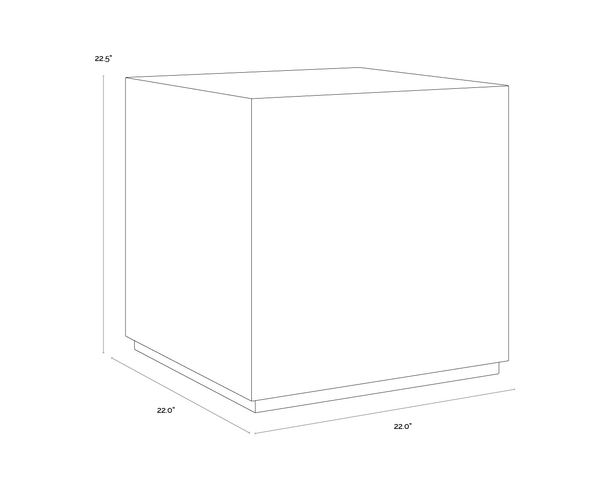 A wireframe image of the product with dimensions shown
