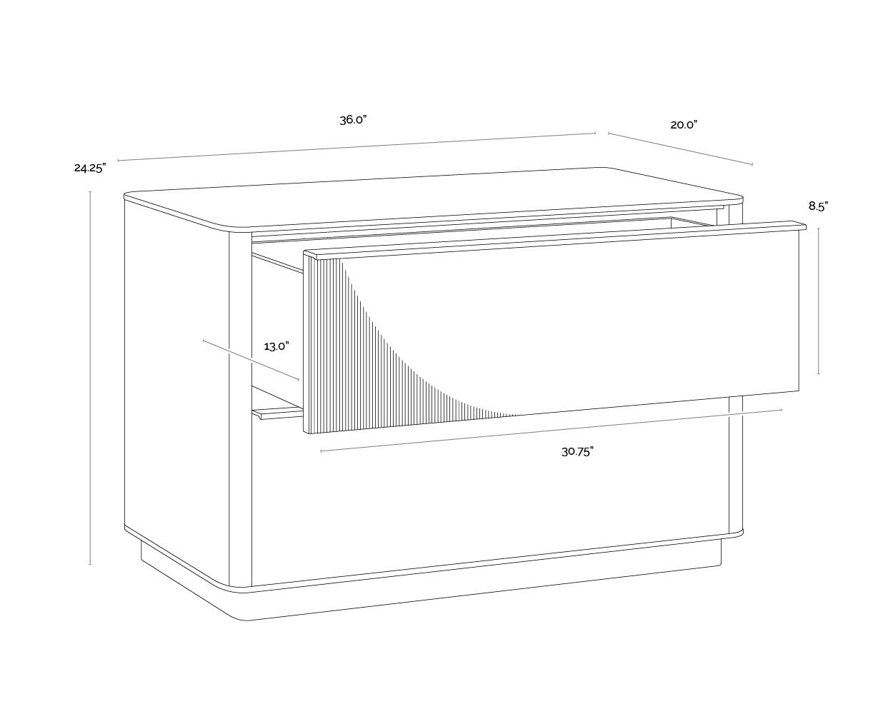 A wireframe image of the product with dimensions shown