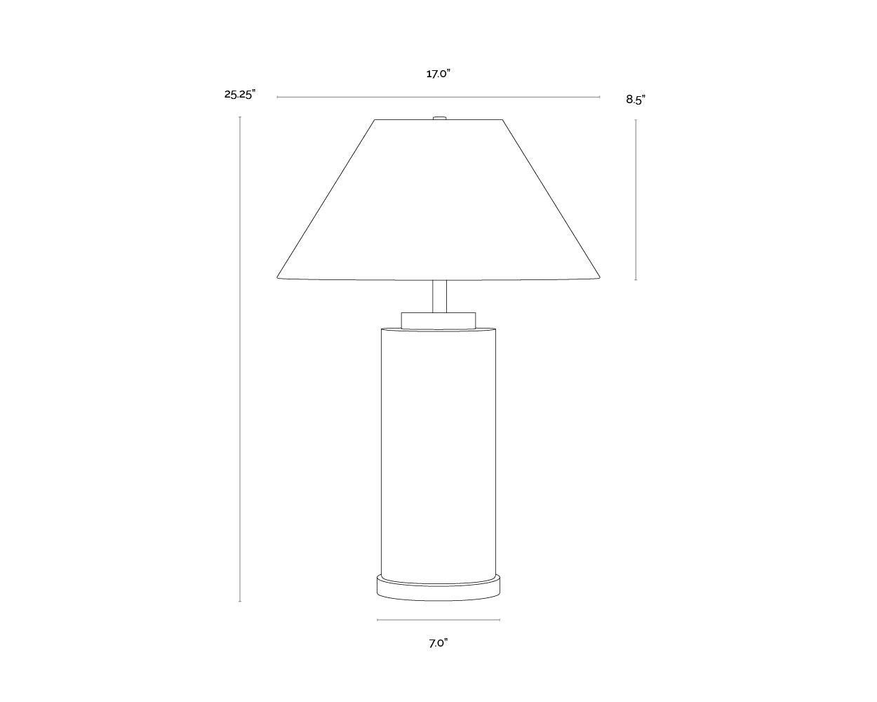 A wireframe image of the product with dimensions shown