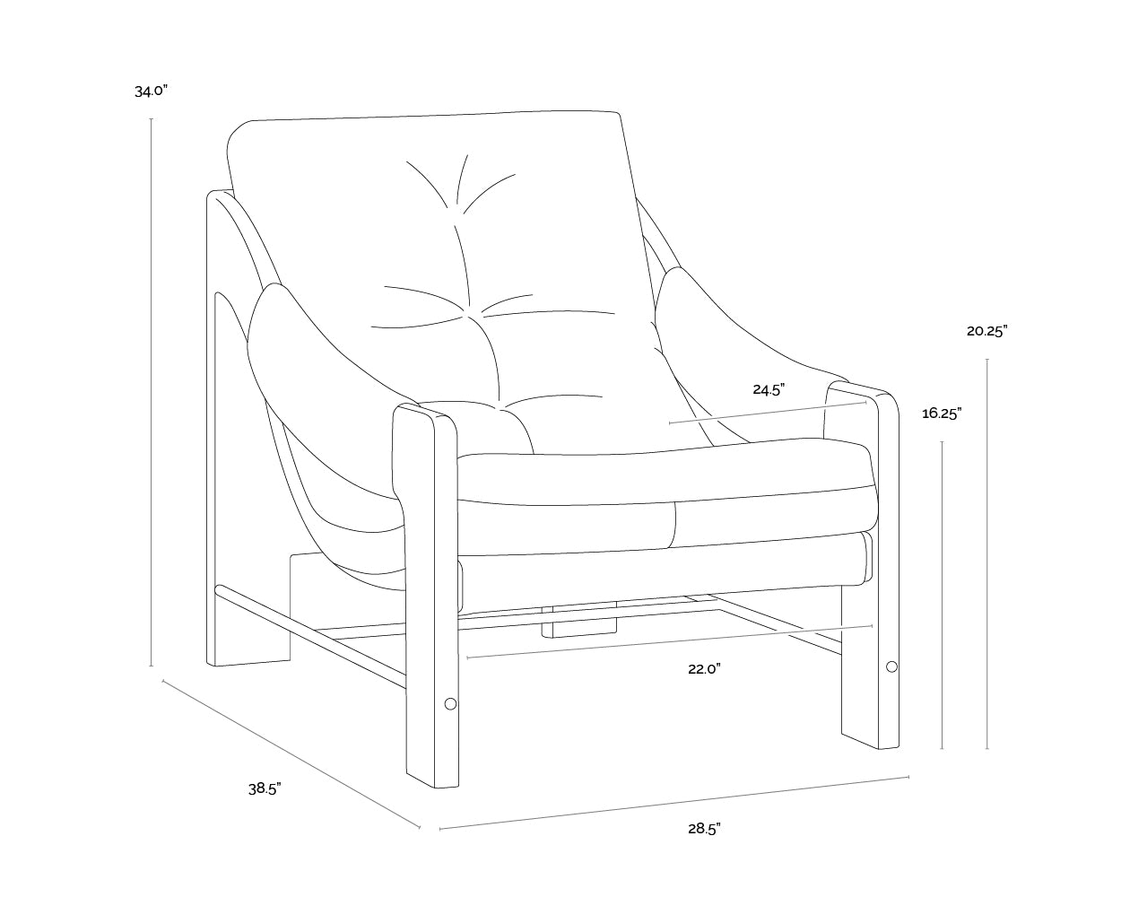 A wireframe image of the product with dimensions shown