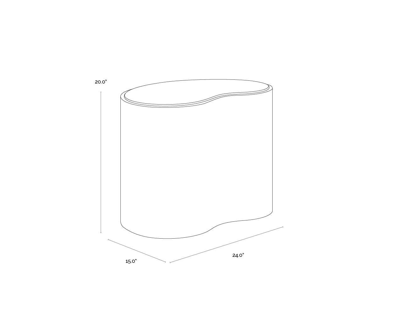 A wireframe image of the product with dimensions shown