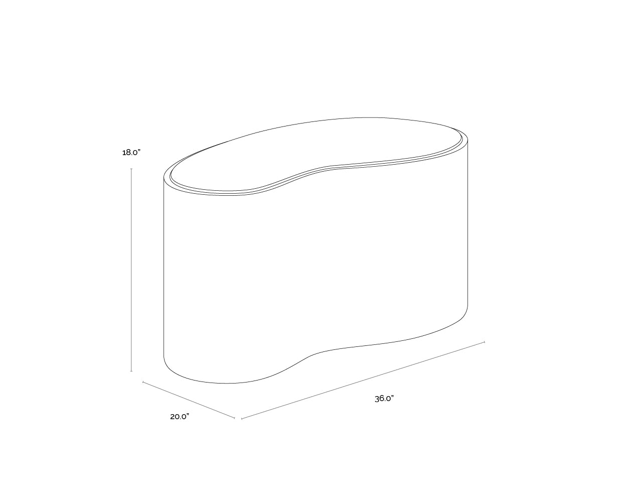 A wireframe image of the product with dimensions shown