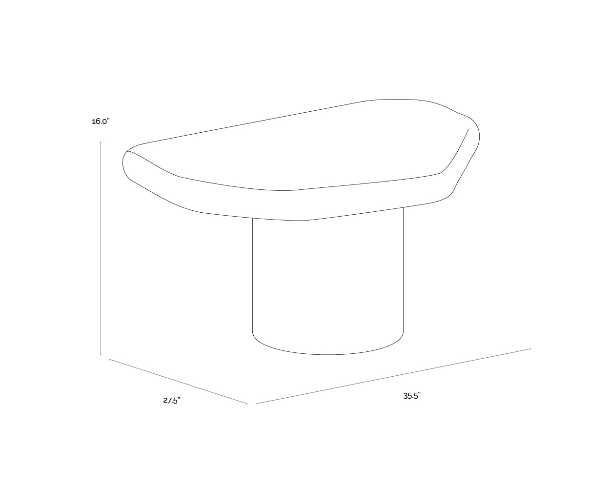 A wireframe image of the product with dimensions shown