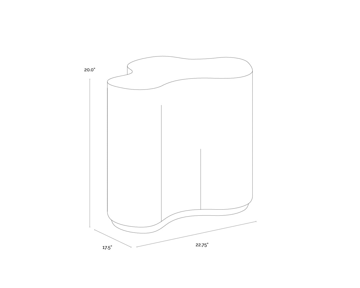 A wireframe image of the product with dimensions shown