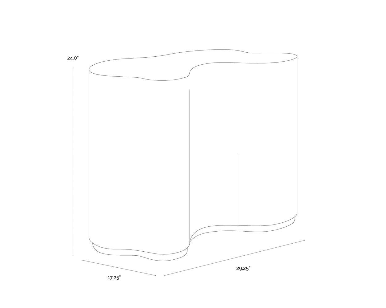 A wireframe image of the product with dimensions shown
