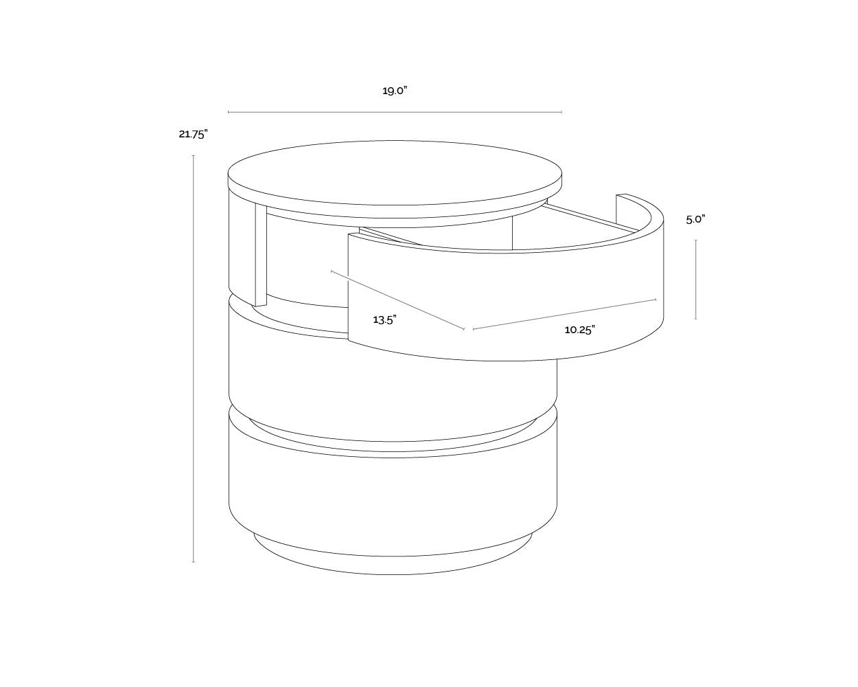 A wireframe image of the product with dimensions shown