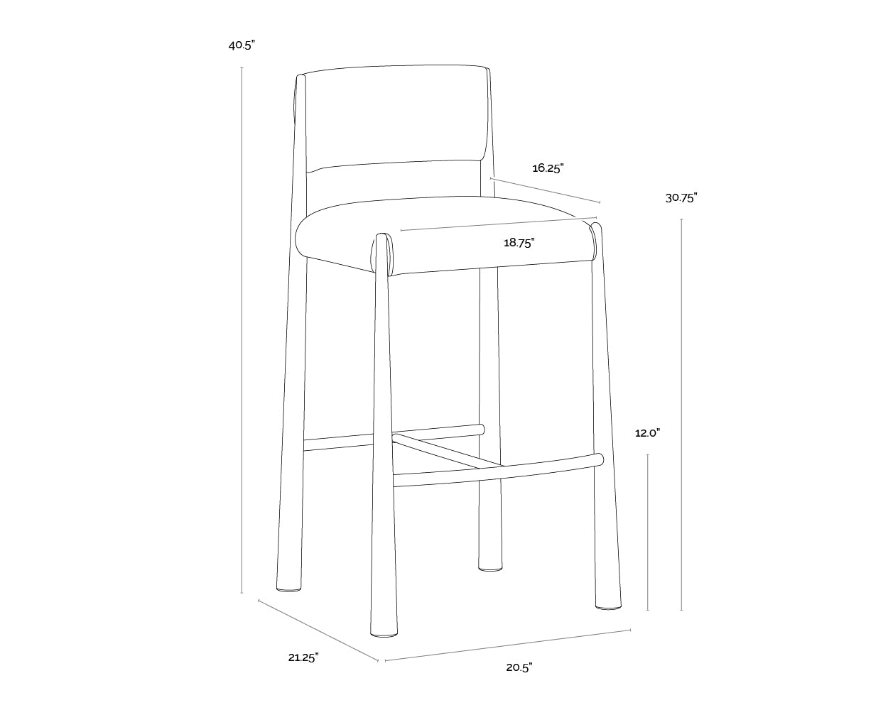 A wireframe image of the product with dimensions shown