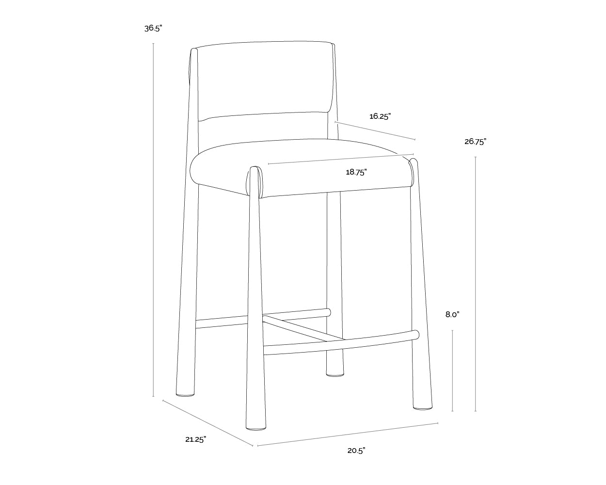 A wireframe image of the product with dimensions shown