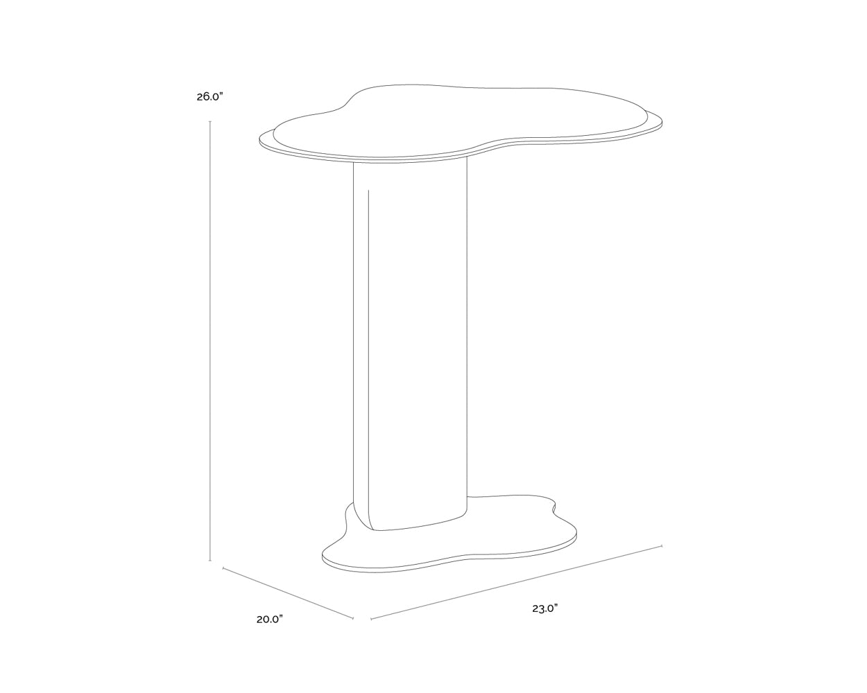 A wireframe image of the product with dimensions shown