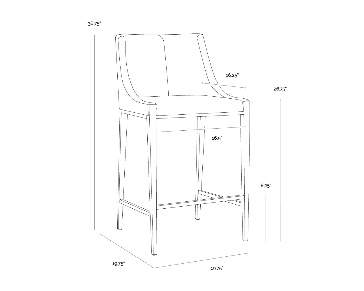 A wireframe image of the product with dimensions shown