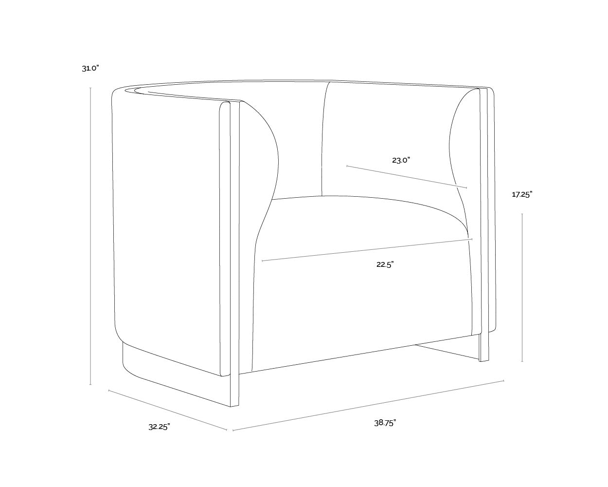A wireframe image of the product with dimensions shown