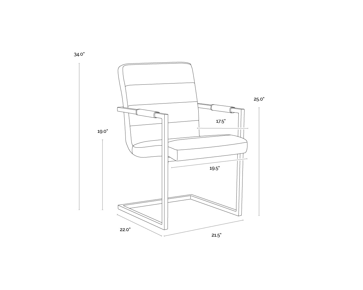 A wireframe image of the product with dimensions shown