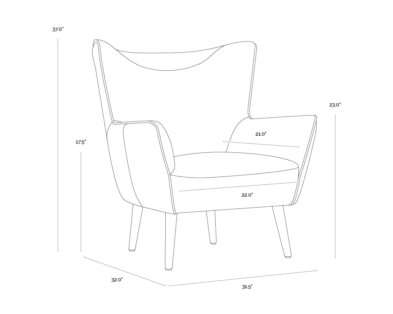 A wireframe image of the product with dimensions shown