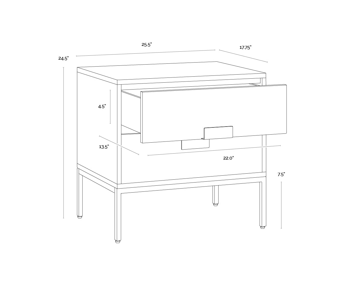 A wireframe image of the product with dimensions shown