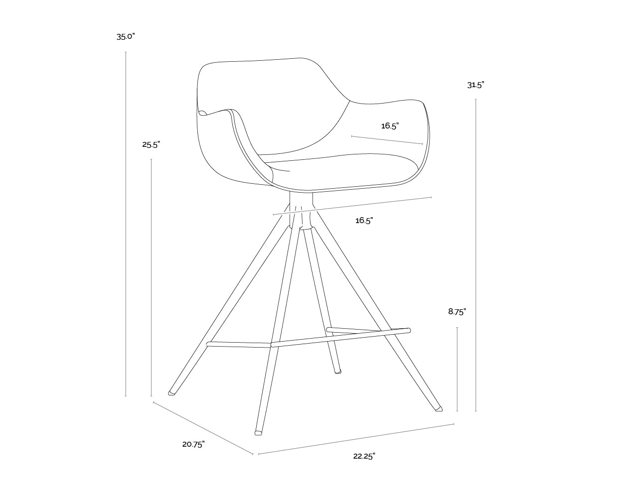 A wireframe image of the product with dimensions shown