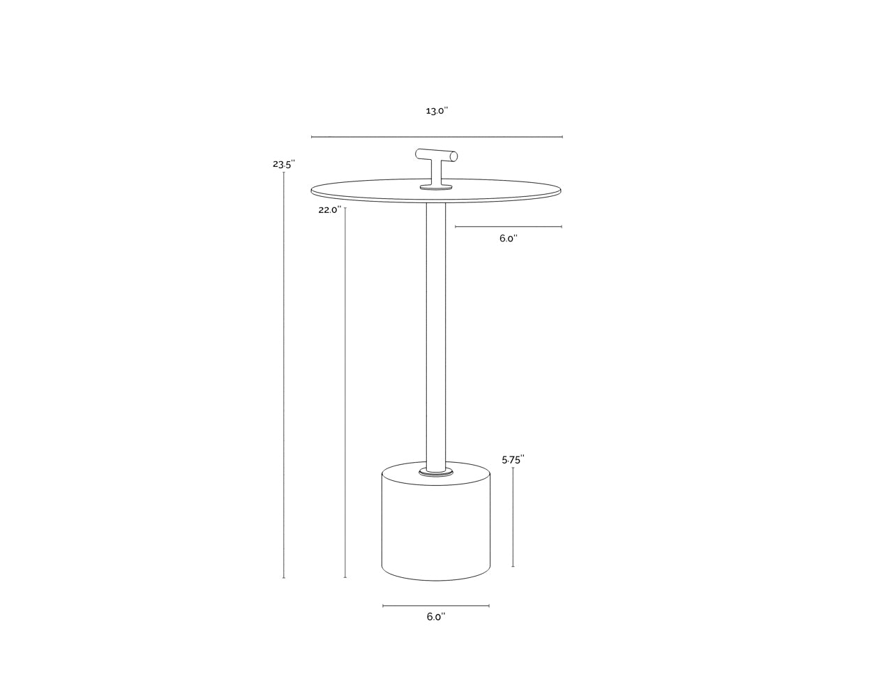 A wireframe image of the product with dimensions shown