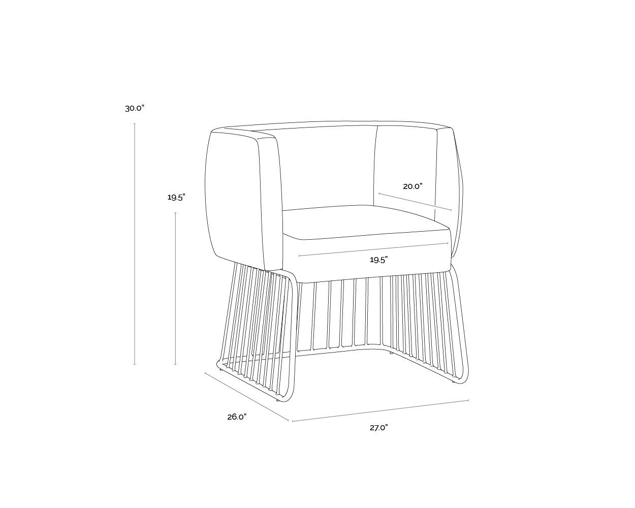 A wireframe image of the product with dimensions shown