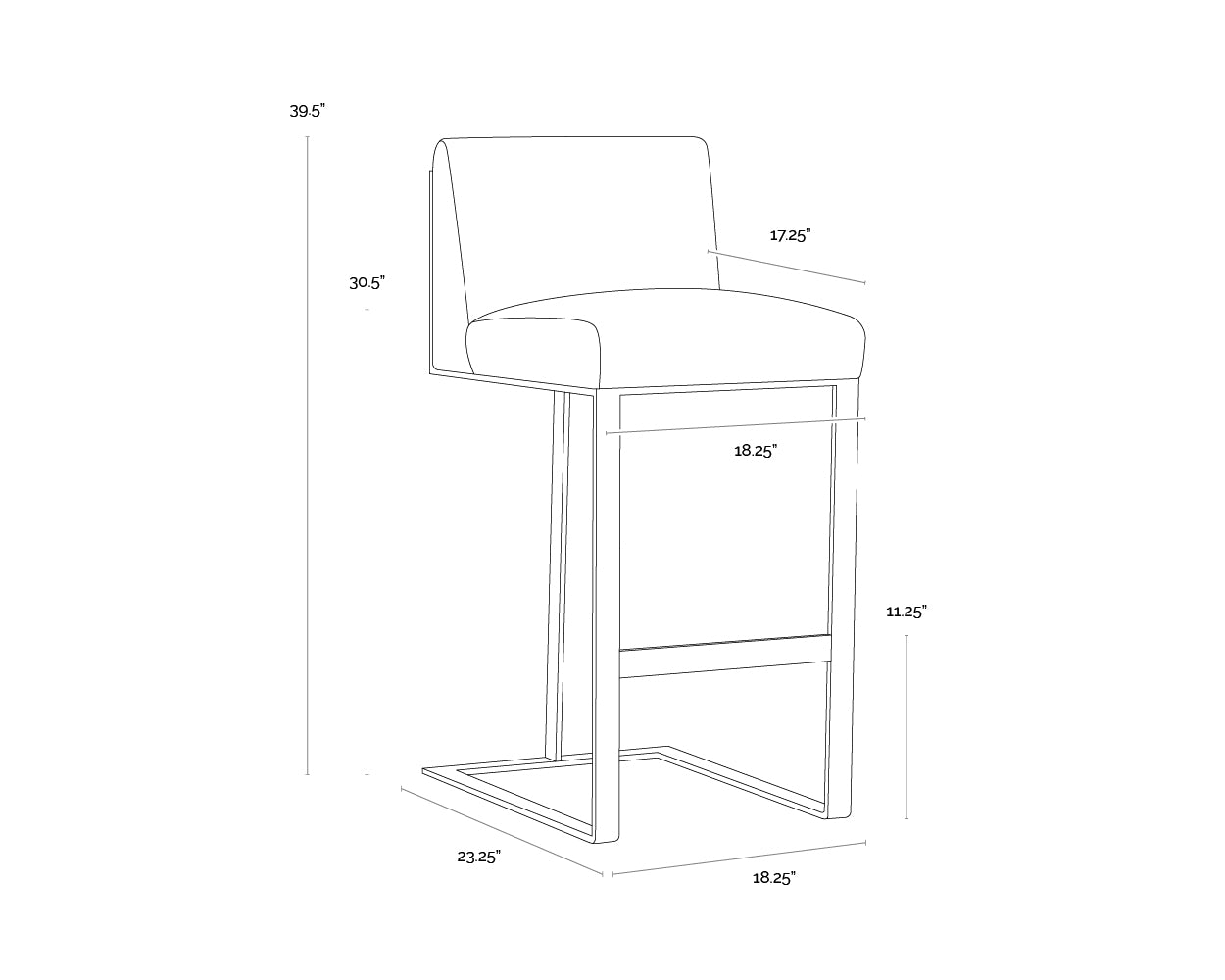 A wireframe image of the product with dimensions shown