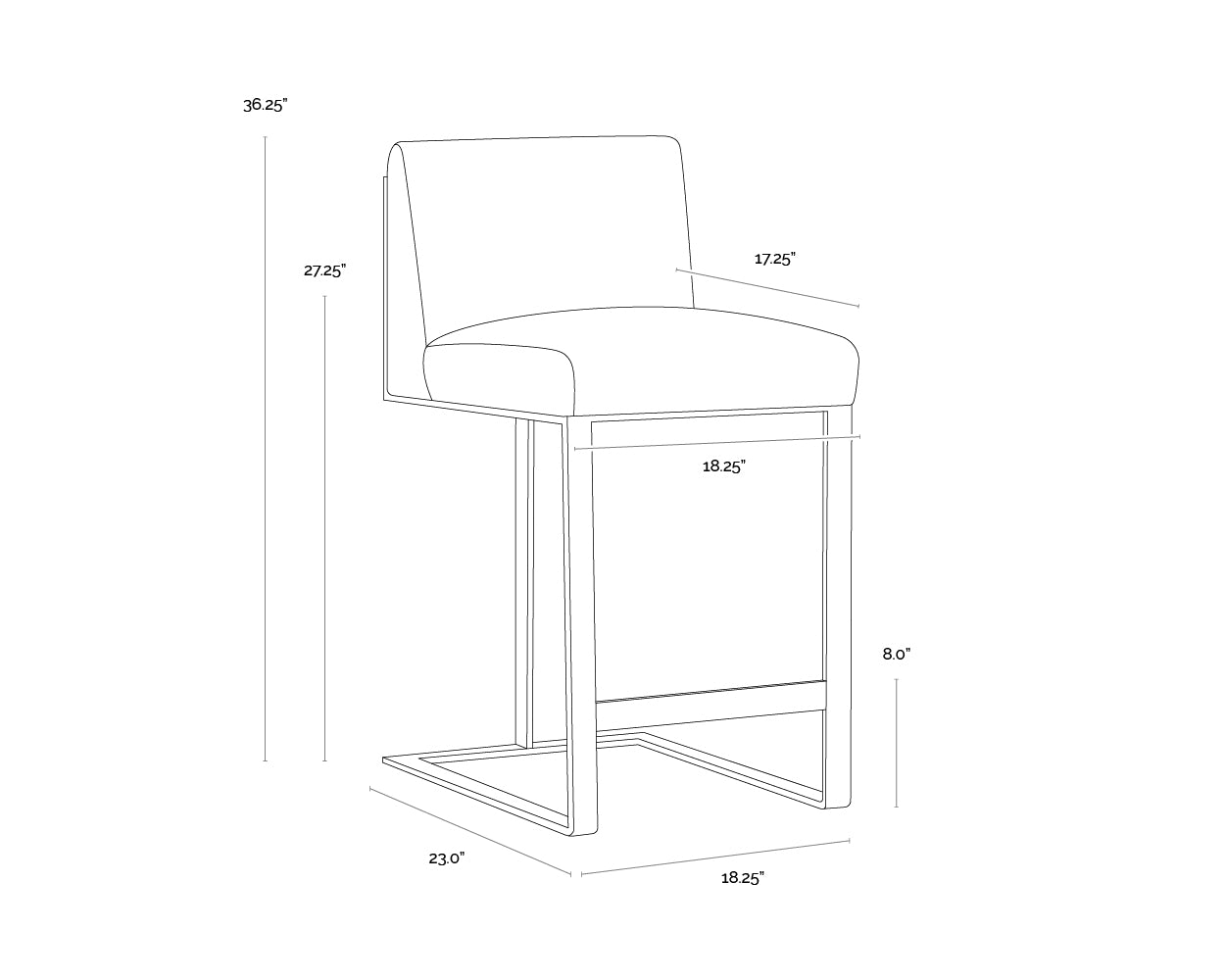 A wireframe image of the product with dimensions shown