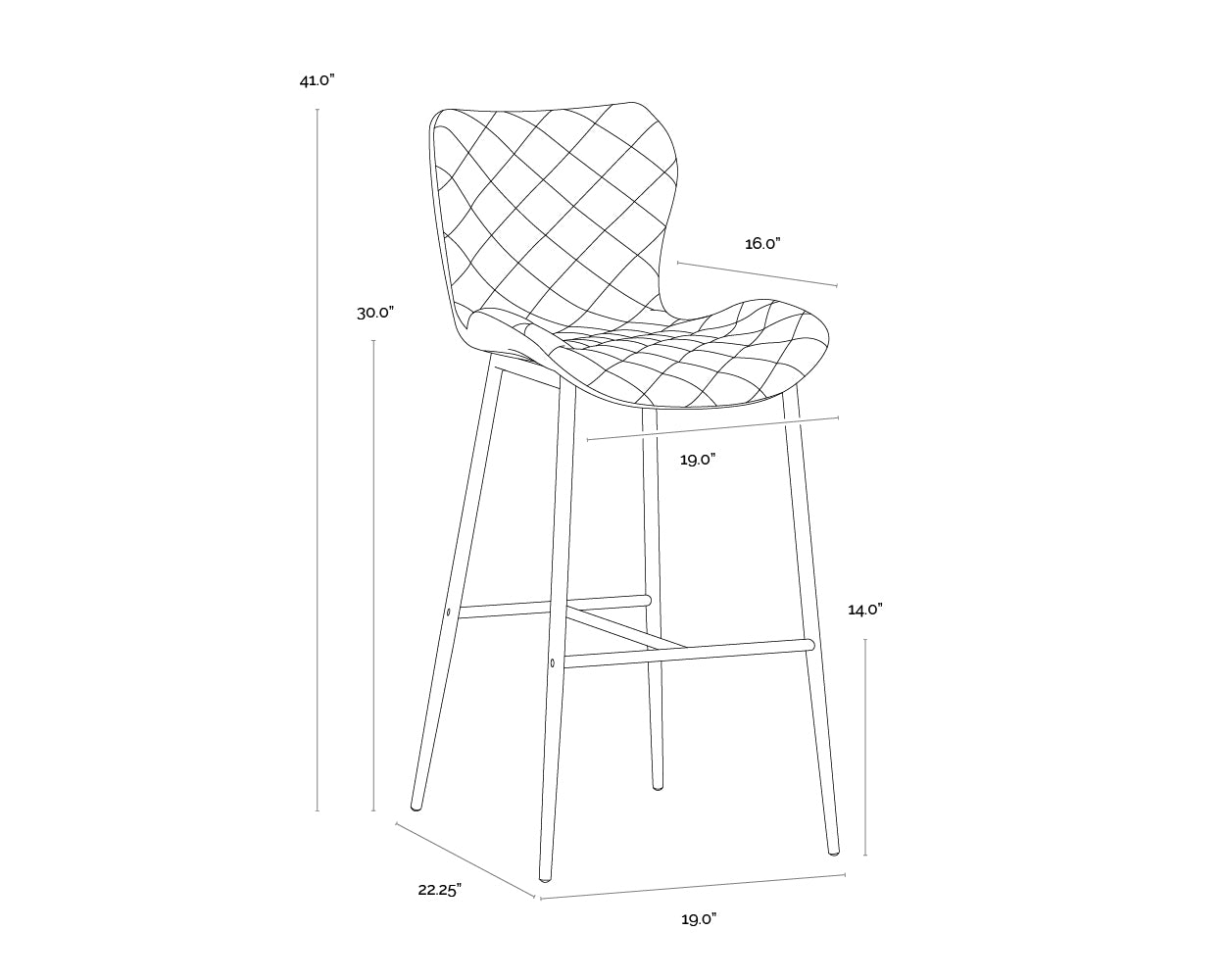 A wireframe image of the product with dimensions shown