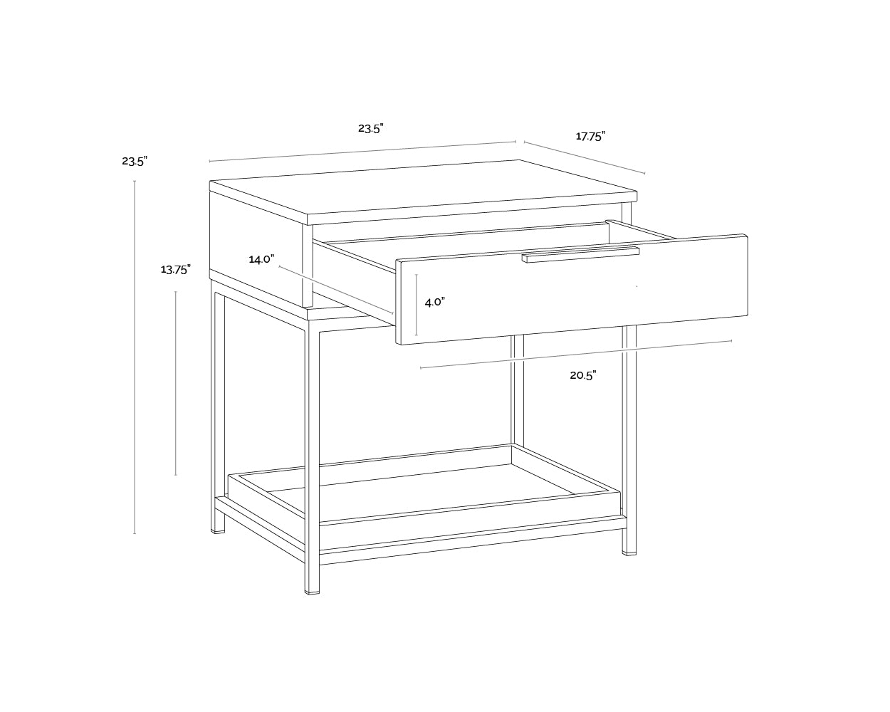 A wireframe image of the product with dimensions shown