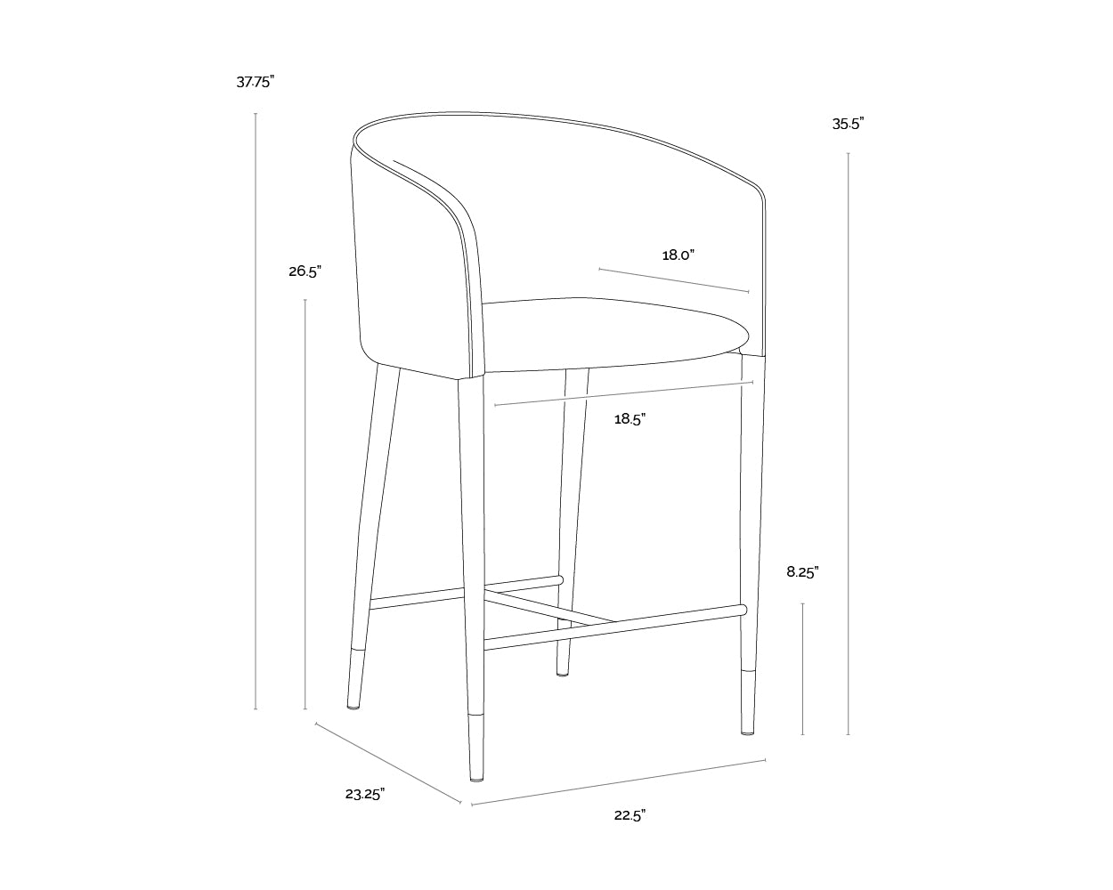 A wireframe image of the product with dimensions shown