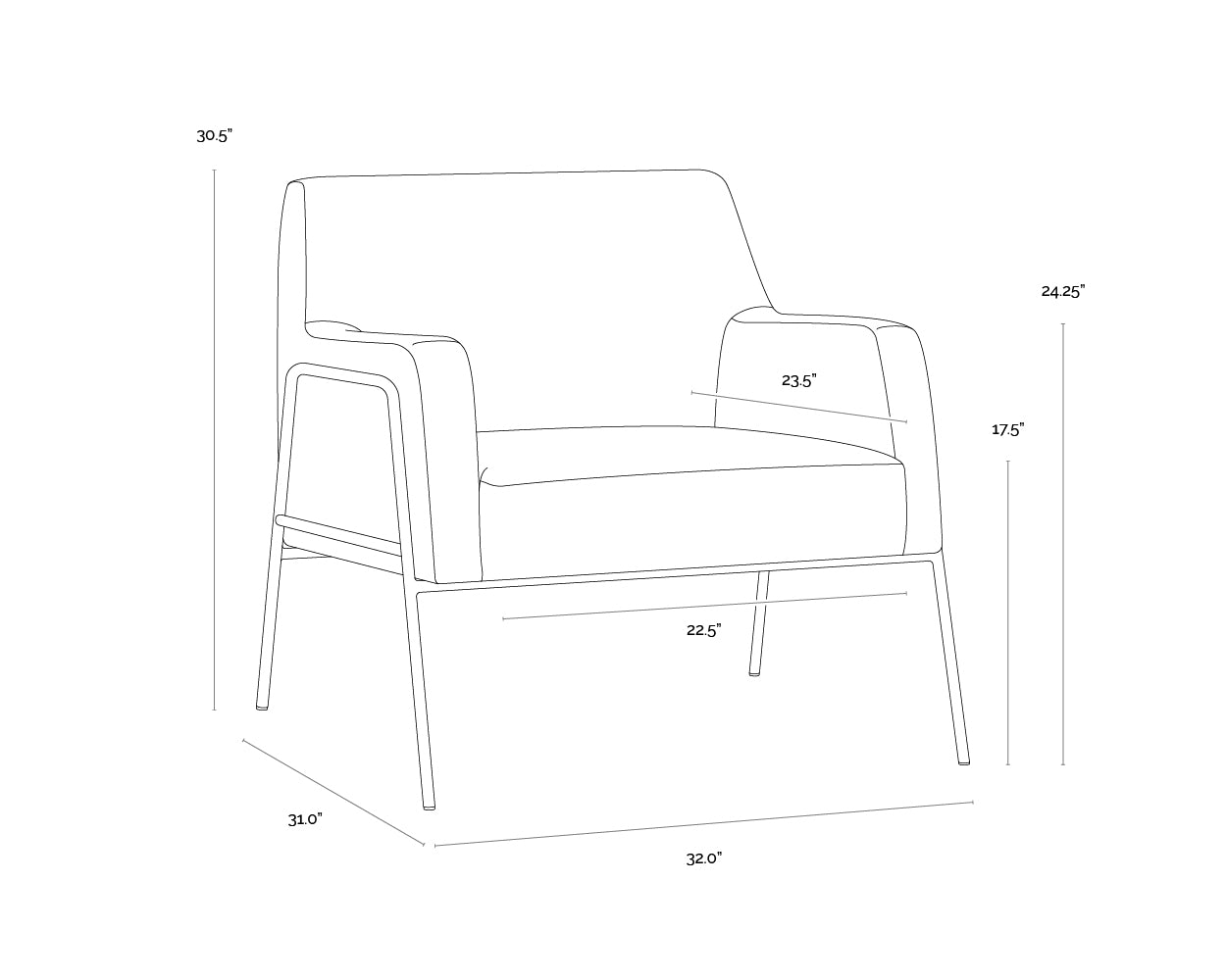 A wireframe image of the product with dimensions shown