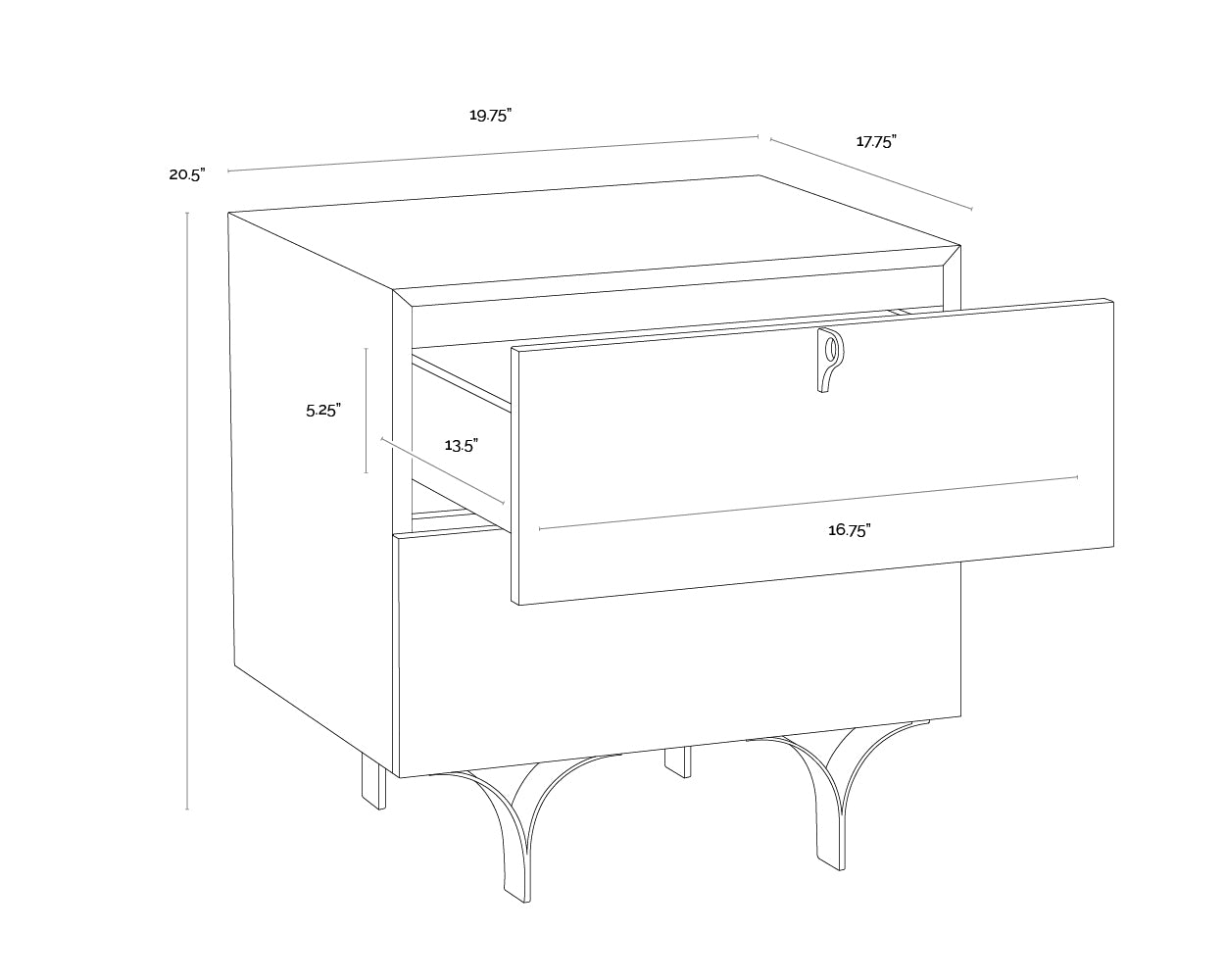 A wireframe image of the product with dimensions shown