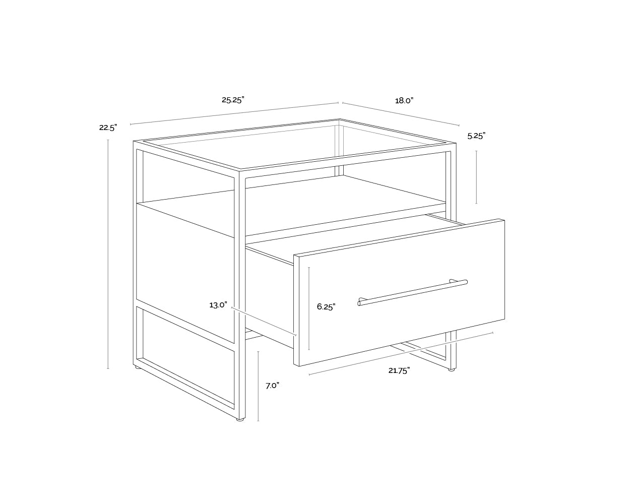 A wireframe image of the product with dimensions shown