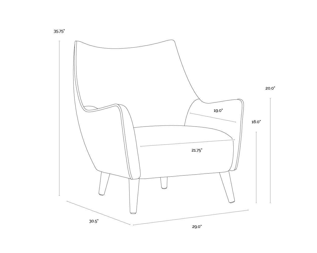 A wireframe image of the product with dimensions shown