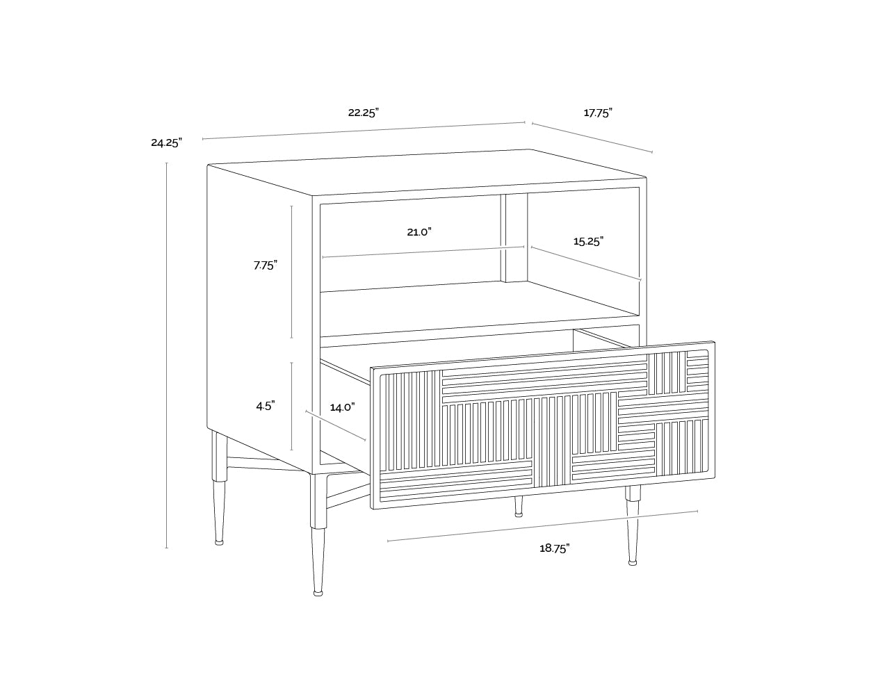 A wireframe image of the product with dimensions shown