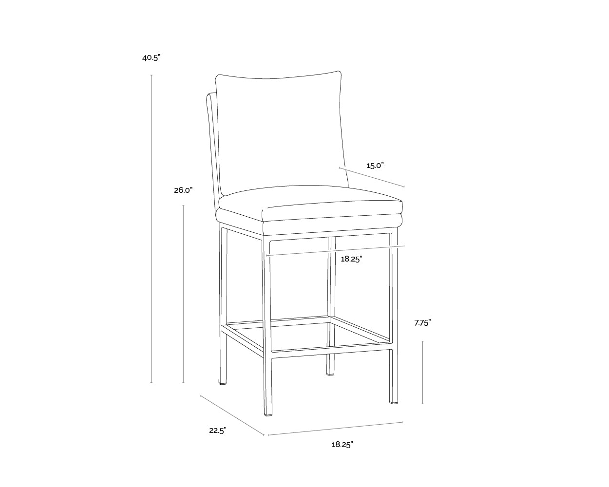 A wireframe image of the product with dimensions shown