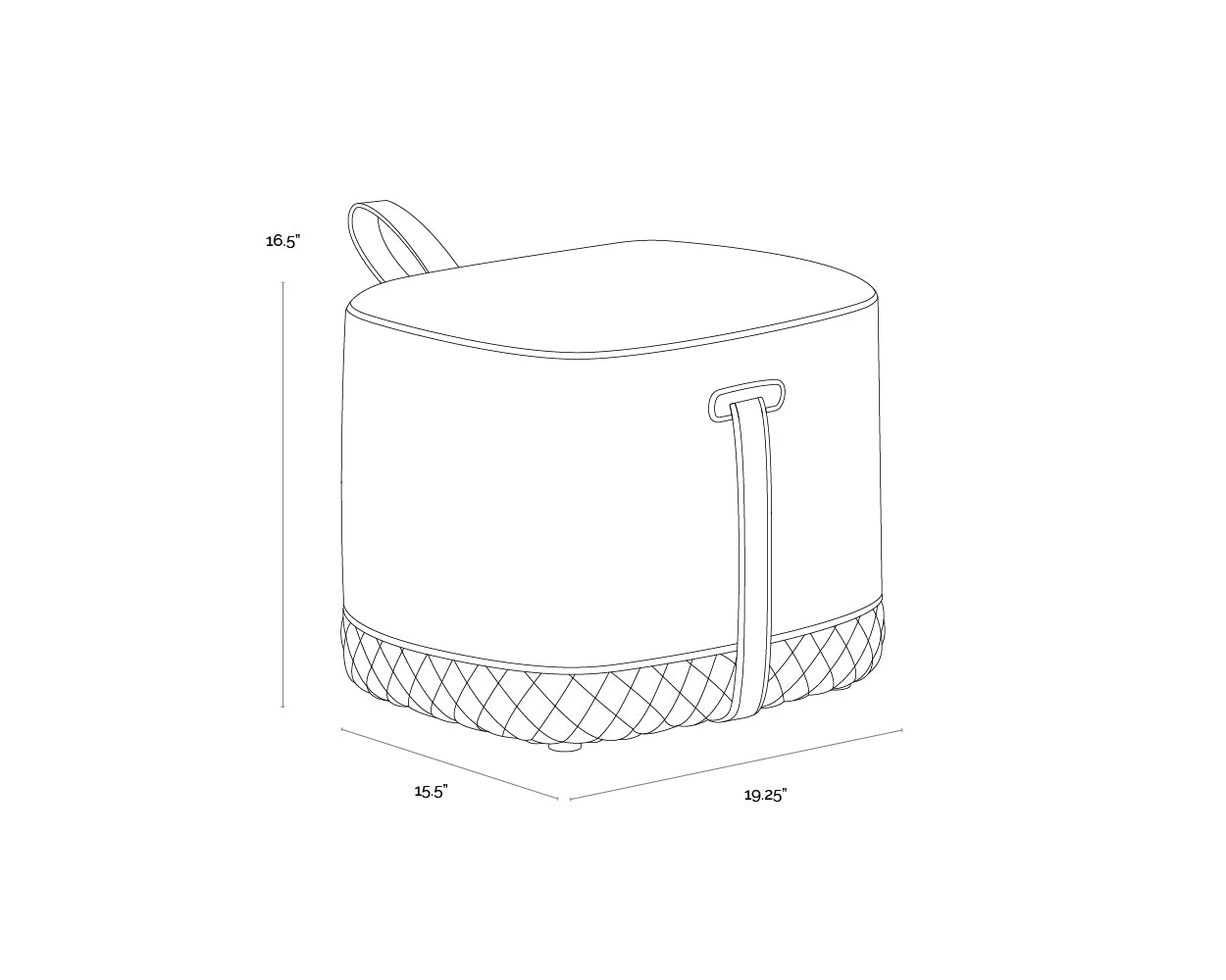 A wireframe image of the product with dimensions shown