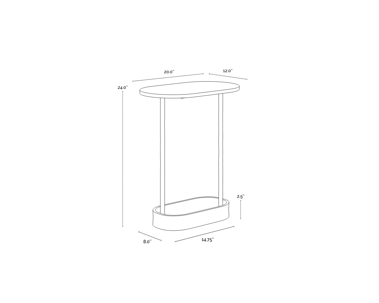 A wireframe image of the product with dimensions shown