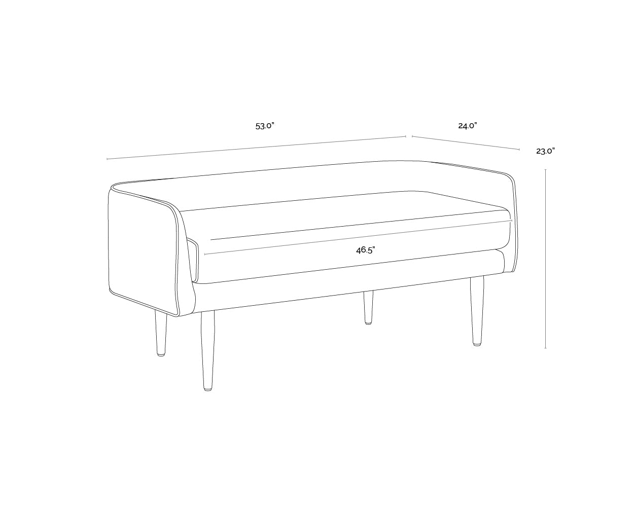 A wireframe image of the product with dimensions shown