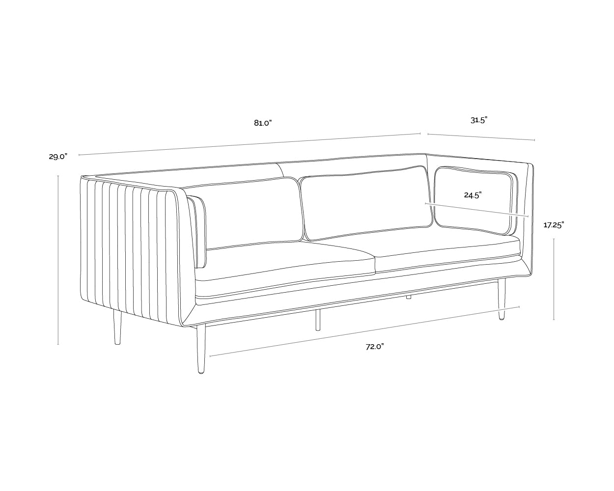 A wireframe image of the product with dimensions shown