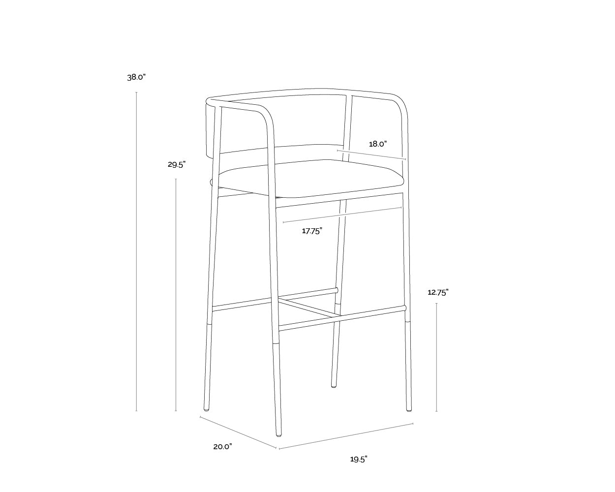 A wireframe image of the product with dimensions shown