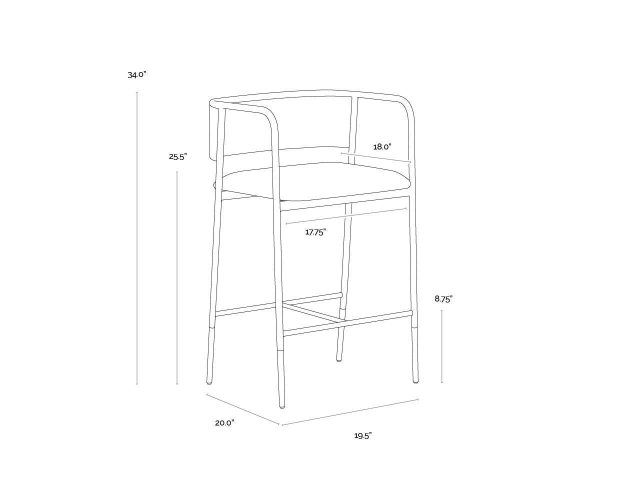 A wireframe image of the product with dimensions shown