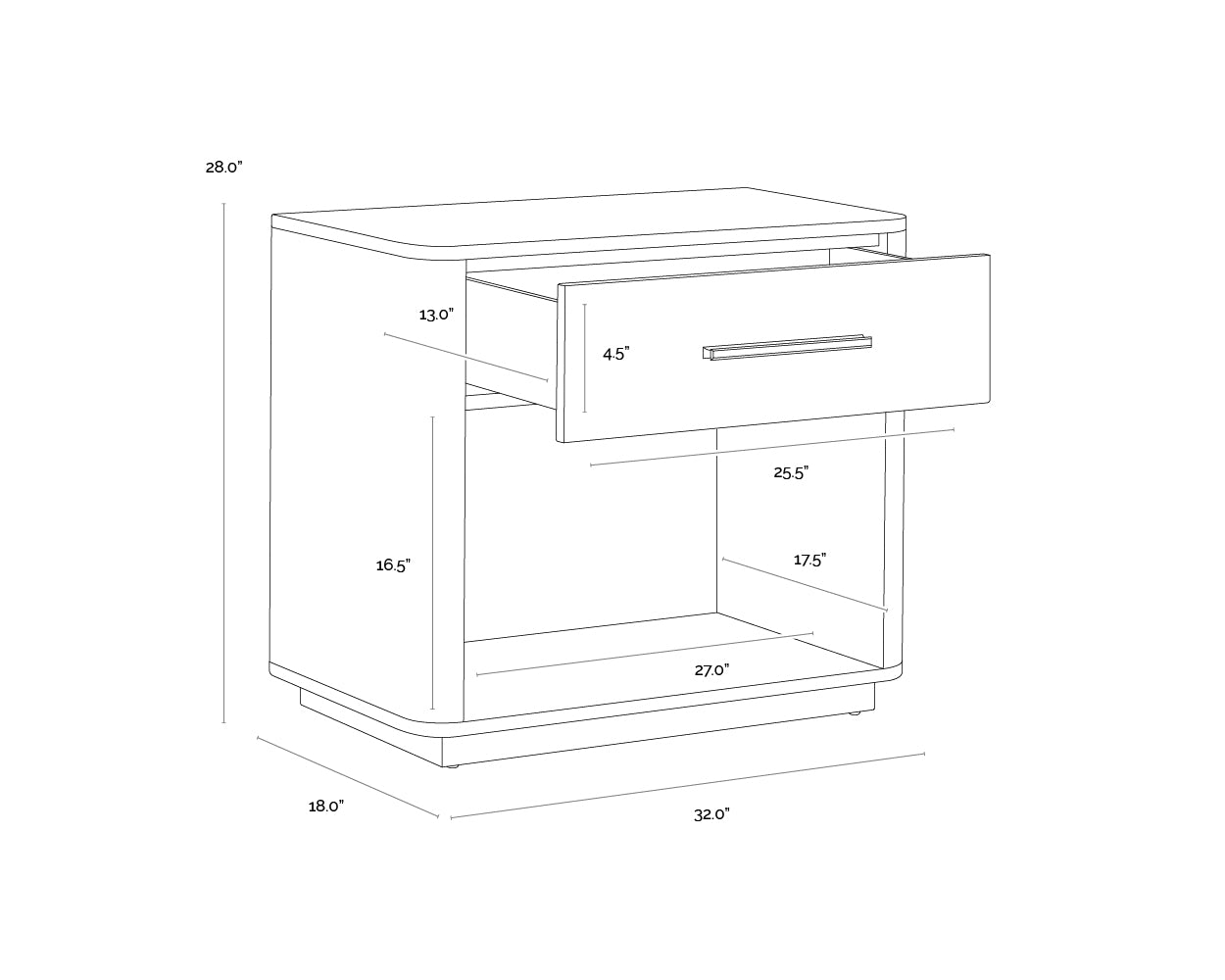 A wireframe image of the product with dimensions shown